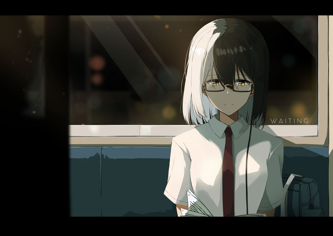angry_num, book, glasses, night, original, school_uniform, short_hair, train, yellow_eyes