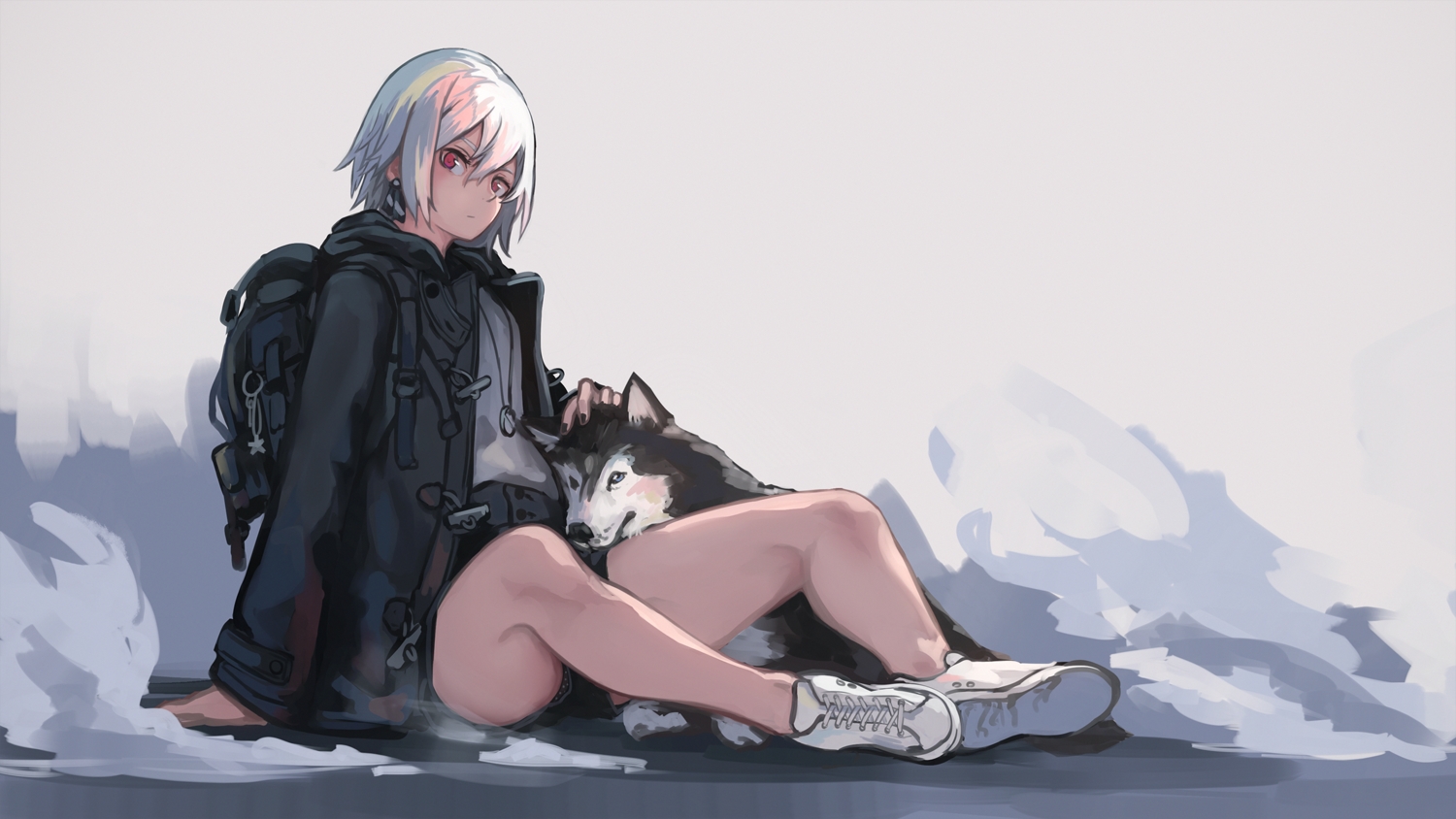 animal, dog, hood, necklace, original, red_eyes, shiroi_suzume, short_hair