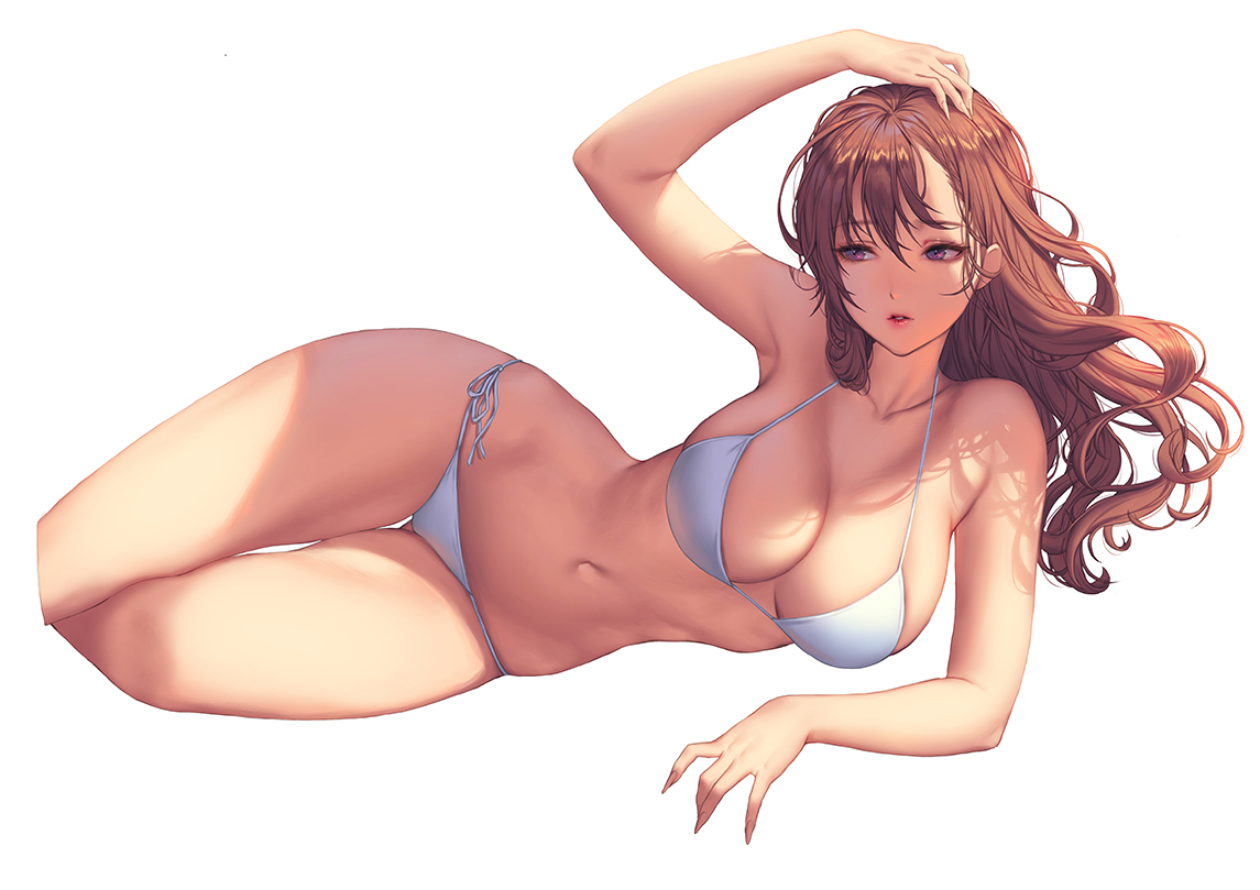 bikini, breasts, brown_hair, cleavage, long_hair, love_cacao, navel, original, purple_eyes, swimsuit, white