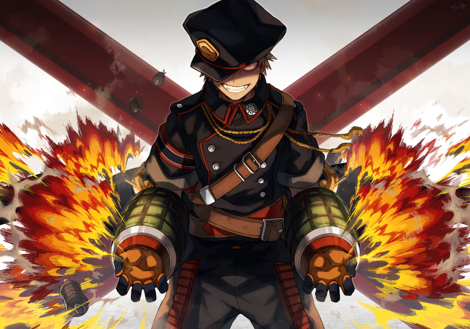 all_male, bakugou_katsuki, blonde_hair, boku_no_hero_academia, fire, gloves, hat, male