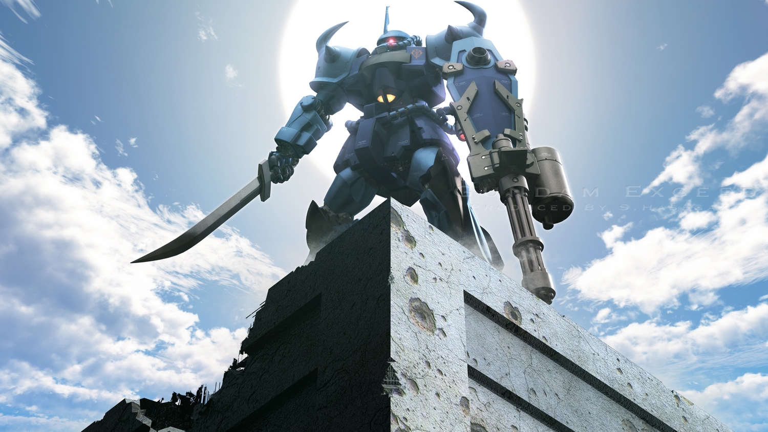 clouds, gun, mecha, mobile_suit_gundam, s.hasegawa, sky, sword, watermark