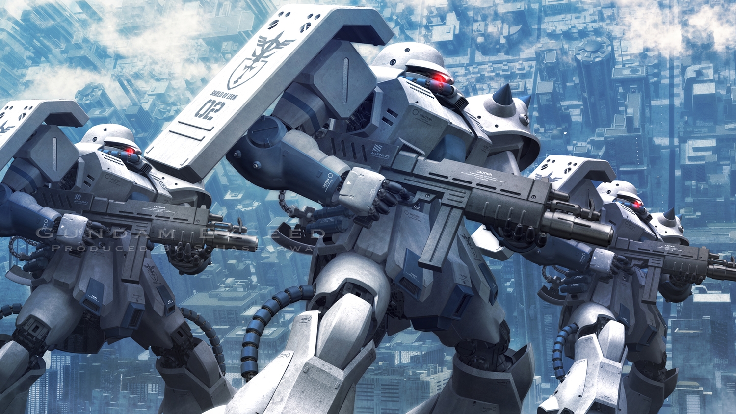 building, city, clouds, gun, mobile_suit_gundam, robot, s.hasegawa, watermark