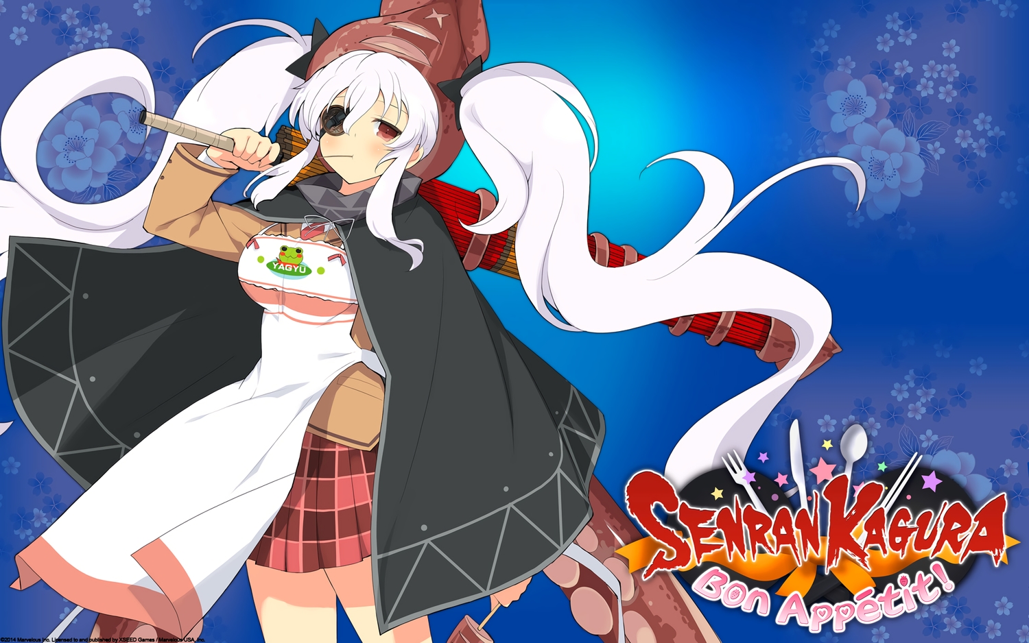 apron, blue, brown_eyes, cape, eyepatch, food, logo, long_hair