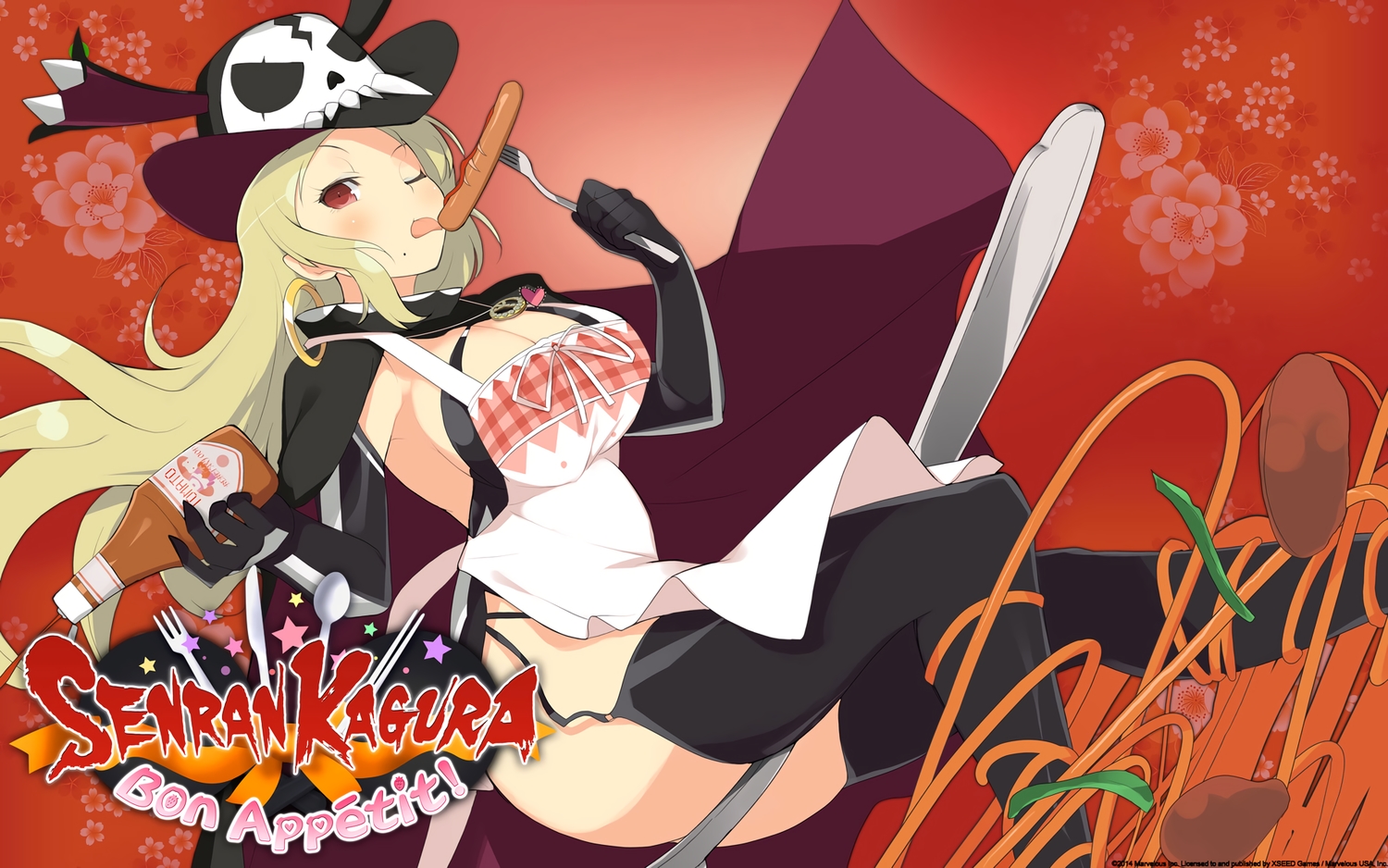 apron, blonde_hair, breasts, cape, elbow_gloves, food, garter_belt, gloves