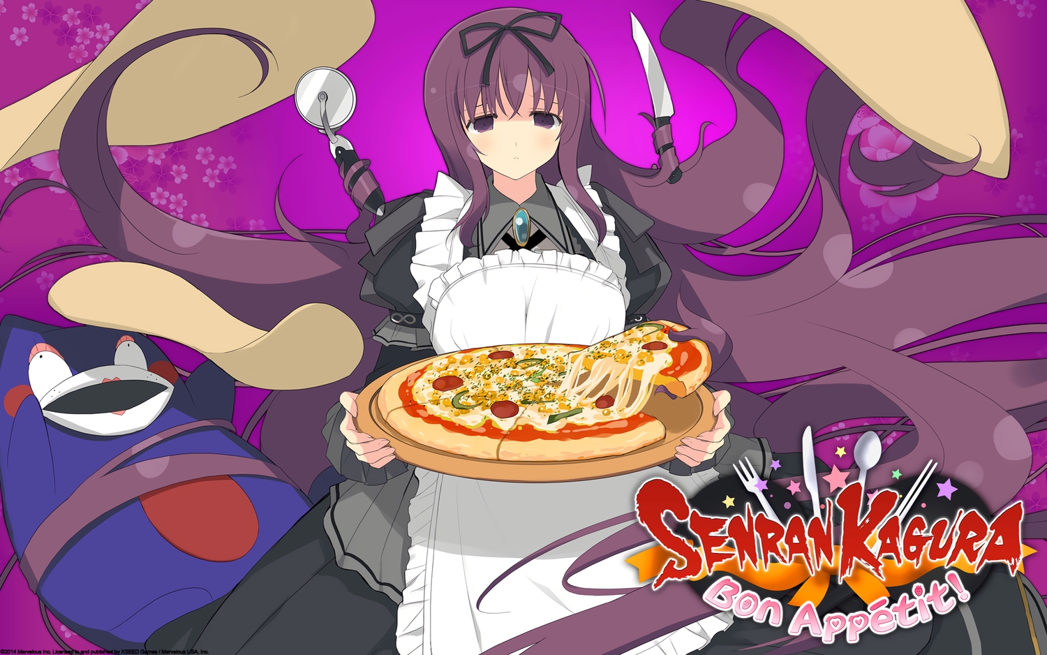 apron, brown_eyes, brown_hair, food, knife, logo, long_hair, murasaki_(senran_kagura)