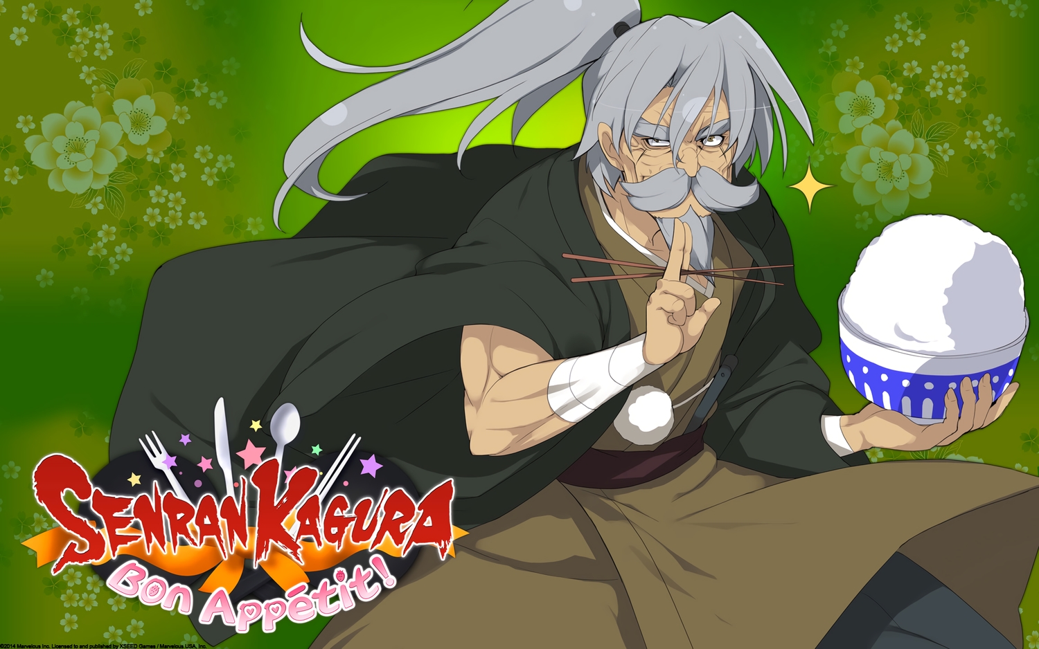 all_male, brown_eyes, food, gray_hair, green, hanzo_(senran_kagura), logo, long_hair, male, ponytail, senran_kagura, senran_kagura:_bon_appetit, tagme_(artist)