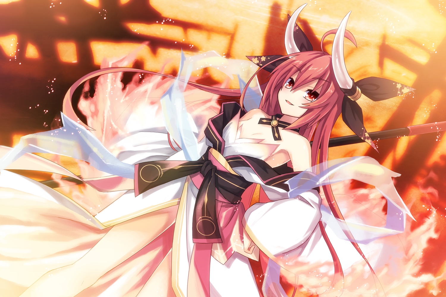 aliasing, bikini, black_hair, breasts, brown_eyes, cleavage, couch, date_a_live, dress, fire, hakai_shin, horns, itsuka_kotori, japanese_clothes, long_hair, navel, red_eyes, red_hair, see_through, shirt_lift, short_hair, swimsuit, uiu, weapon