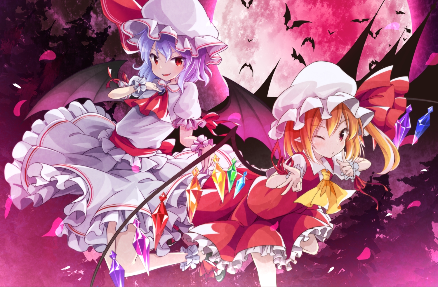 2girls, animal, bat, blonde_hair, building, dress, flandre_scarlet, long_hair, moon, night, pointed_ears, purple_hair, red_eyes, remilia_scarlet, ribbons, short_hair, skirt, sky, tobi_(nekomata_homara), touhou, tree, vampire, wings