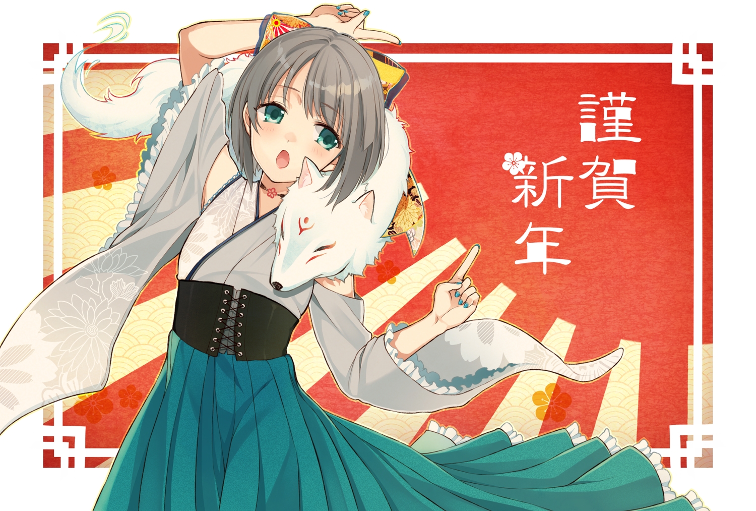 animal, chisumi, fox, gray_hair, green_eyes, japanese_clothes, necklace, original