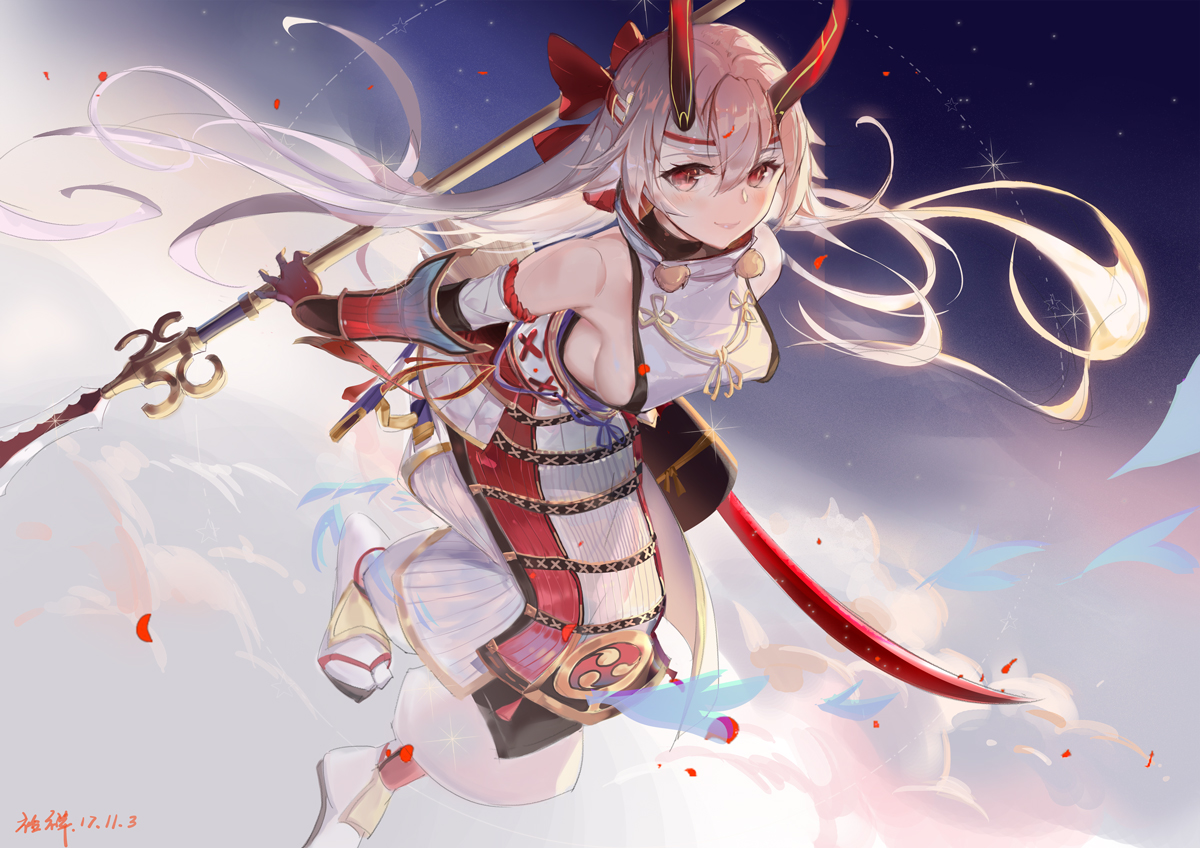 breasts, fate/grand_order, fate_(series), horns, japanese_clothes, long_hair, petals, rabbit_(tukenitian)