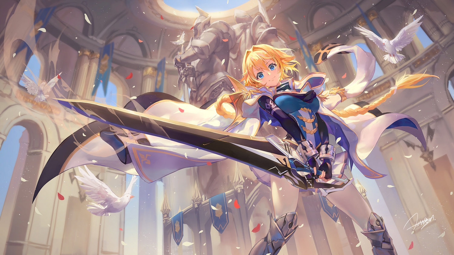 animal, aqua_eyes, bird, blonde_hair, boots, braids, criin, gloves, kaku-san-sei_million_arthur, long_hair, petals, ponytail, signed, sword, weapon, white-naped_crane_(kemono_friends)
