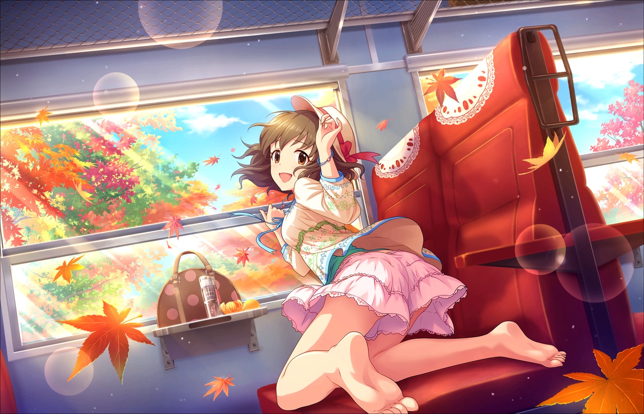 annin_doufu, autumn, barefoot, brown_eyes, brown_hair, clouds, drink, food, fruit, hat, idolmaster, idolmaster_cinderella_girls, idolmaster_cinderella_girls_starlight_stage, leaves, namiki_meiko, orange_(fruit), ribbons, short_hair, skirt, sky, train, tree, wristwear