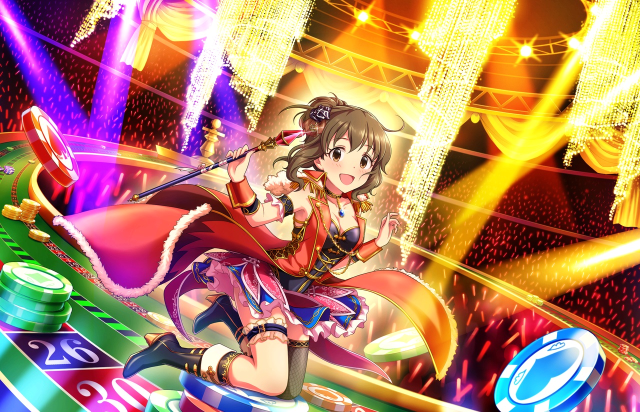 annin_doufu, boots, breasts, brown_eyes, brown_hair, choker, cleavage, garter, idolmaster, idolmaster_cinderella_girls, idolmaster_cinderella_girls_starlight_stage, namiki_meiko, necklace, short_hair, skirt, wand, wristwear