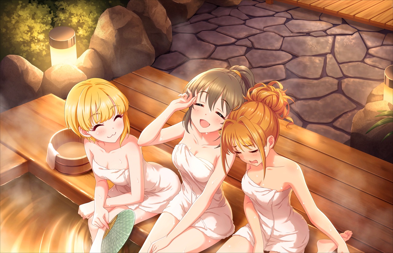 annin_doufu, barefoot, blonde_hair, breasts, brown_hair, cat_smile, cleavage, fan