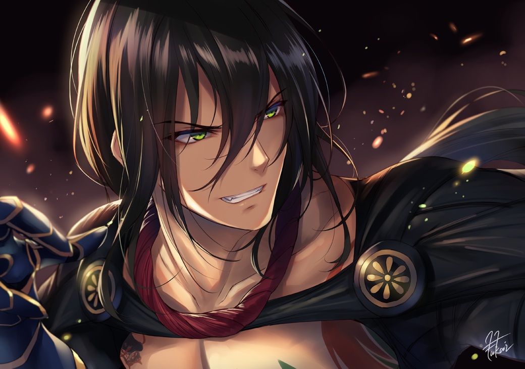 all_male, brown_hair, cape, close, fate/grand_order, fate_(series), fukai_ryousuke, gloves, green_eyes, long_hair, male, signed, tattoo, yan_qing