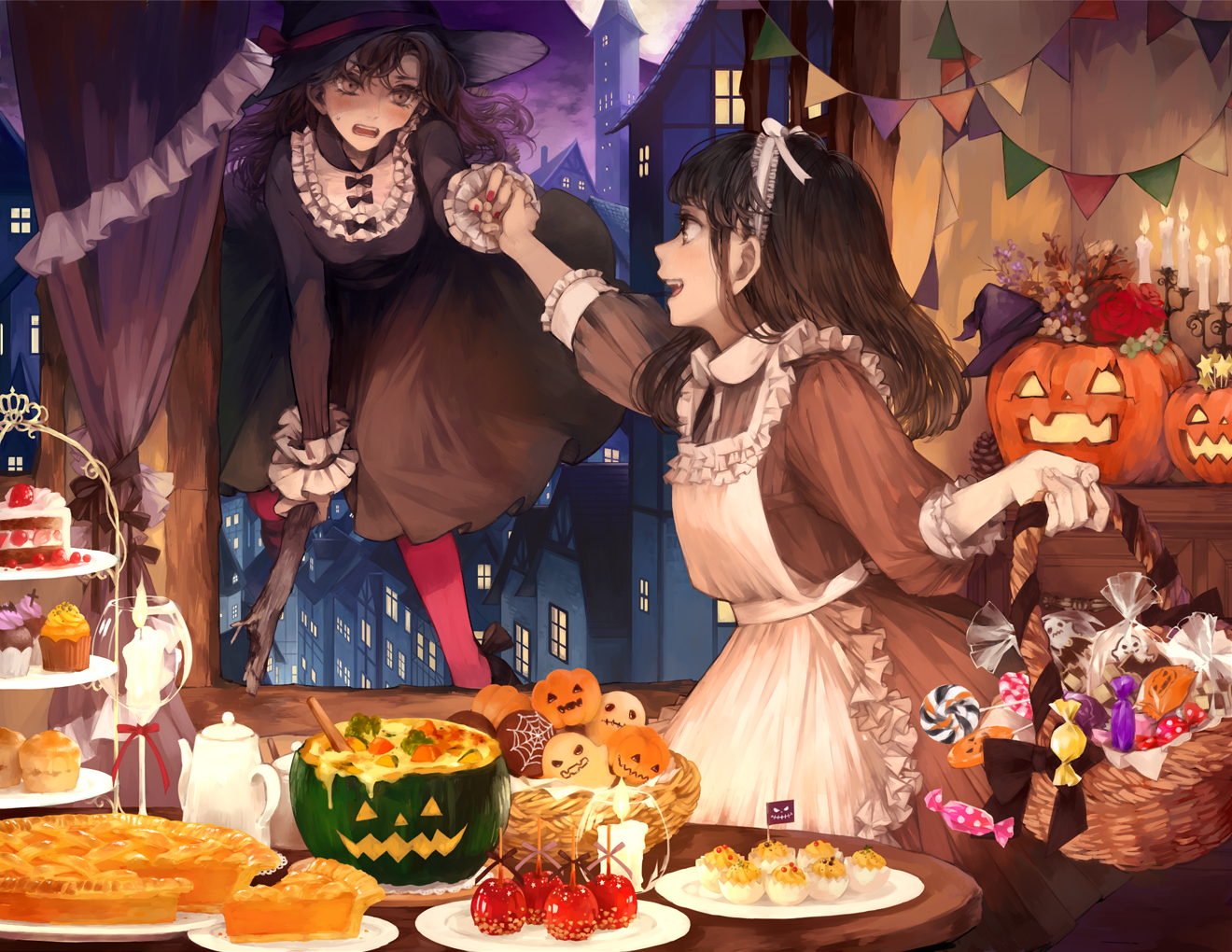 2girls, apple, apron, blush, bow, brown_eyes, brown_hair, building, cake, candy, city, flowers, food, fruit, goth-loli, halloween, hat, headband, kakmxxxny06, lolita_fashion, lollipop, long_hair, night, original, pumpkin, stockings, witch, witch_hat