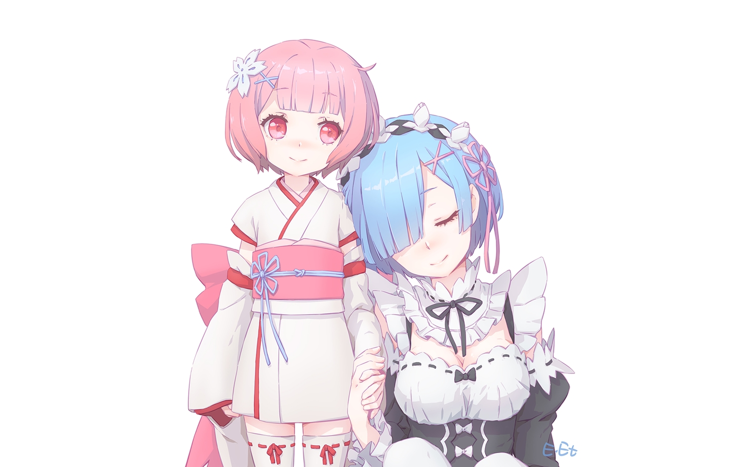 2girls, blue_hair, bow, breasts, headdress, japanese_clothes, loli, pink_hair
