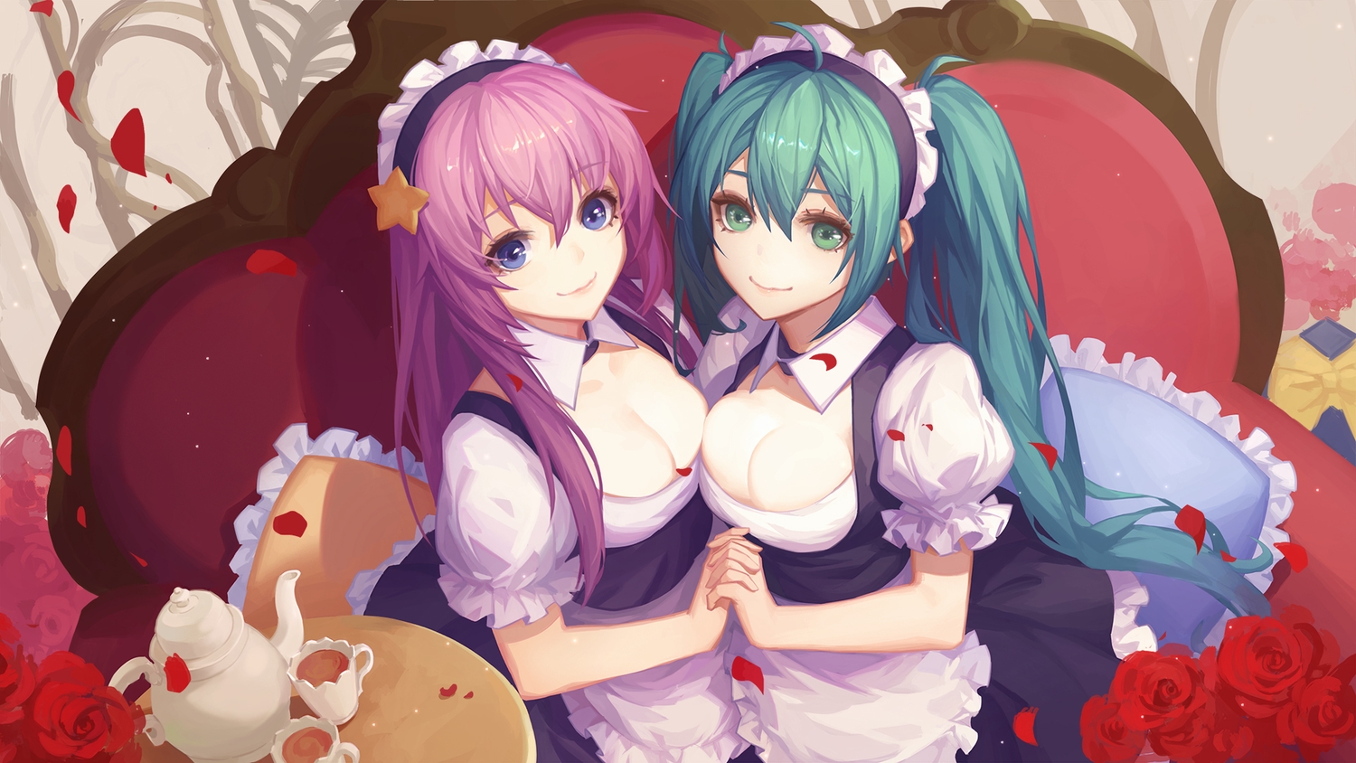 2girls, breasts, catsmoon, cleavage, collar, drink, green_eyes, green_hair