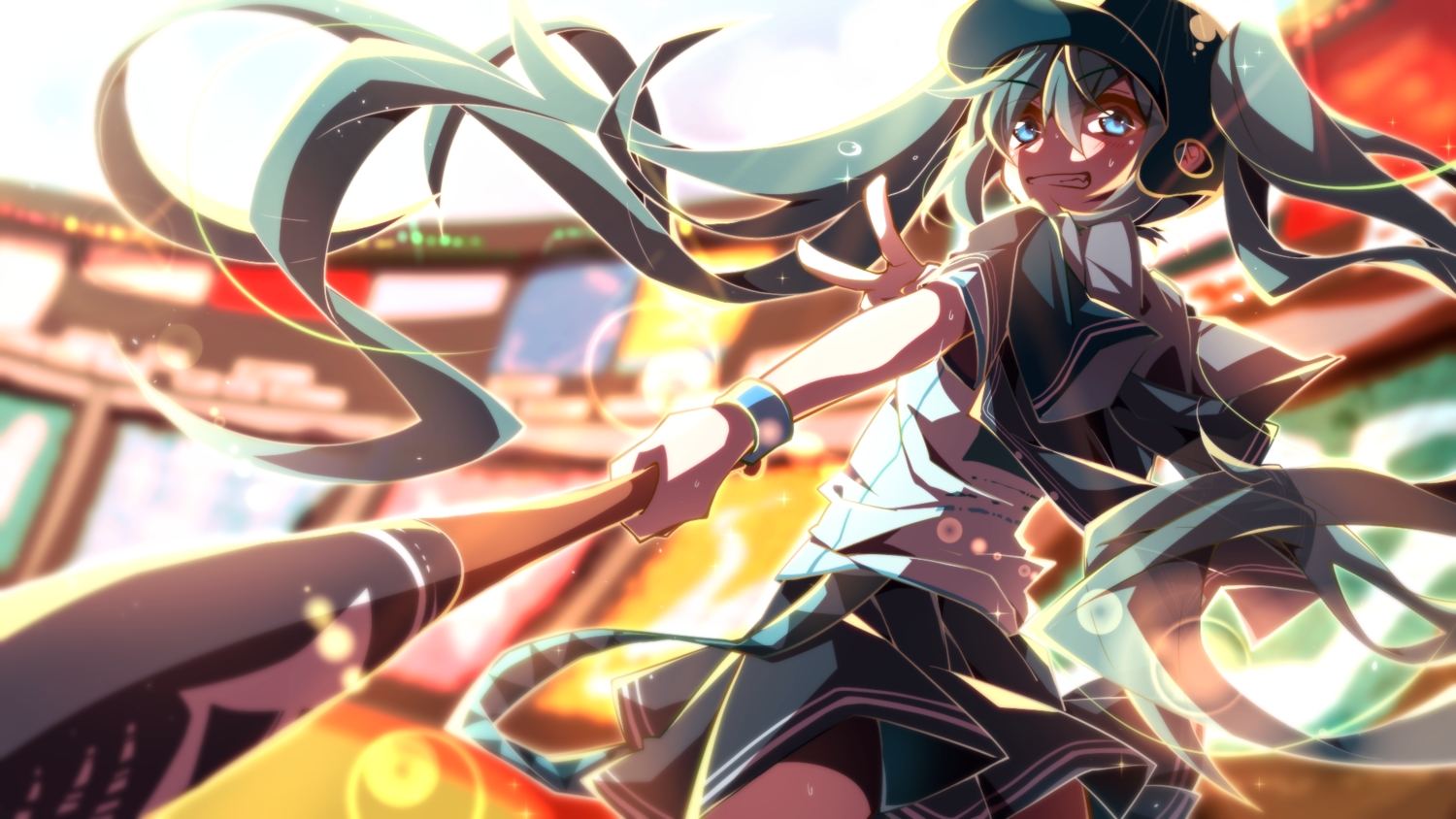 aosaki_yato, aqua_eyes, baseball, baseball_bat, hat, hatsune_miku, long_hair, school_uniform