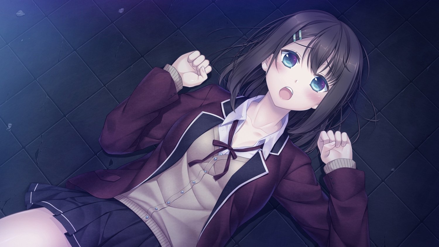 33paradox, aqua_eyes, blush, brown_hair, original, school_uniform, short_hair, skirt
