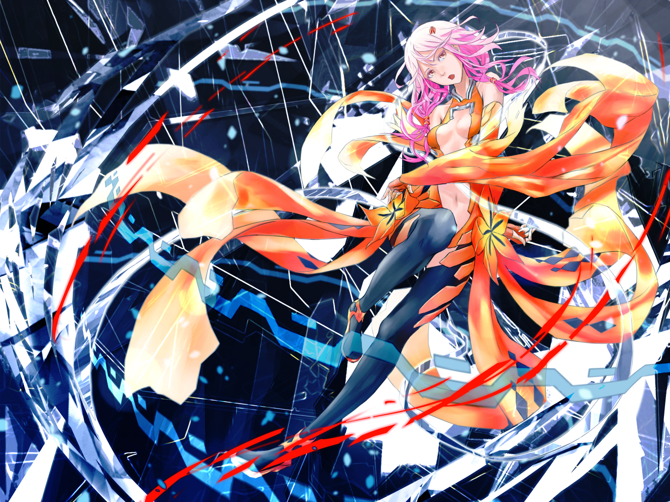 bodysuit, breasts, guilty_crown, long_hair, pink_eyes, pink_hair, tanikku, yuzuriha_inori