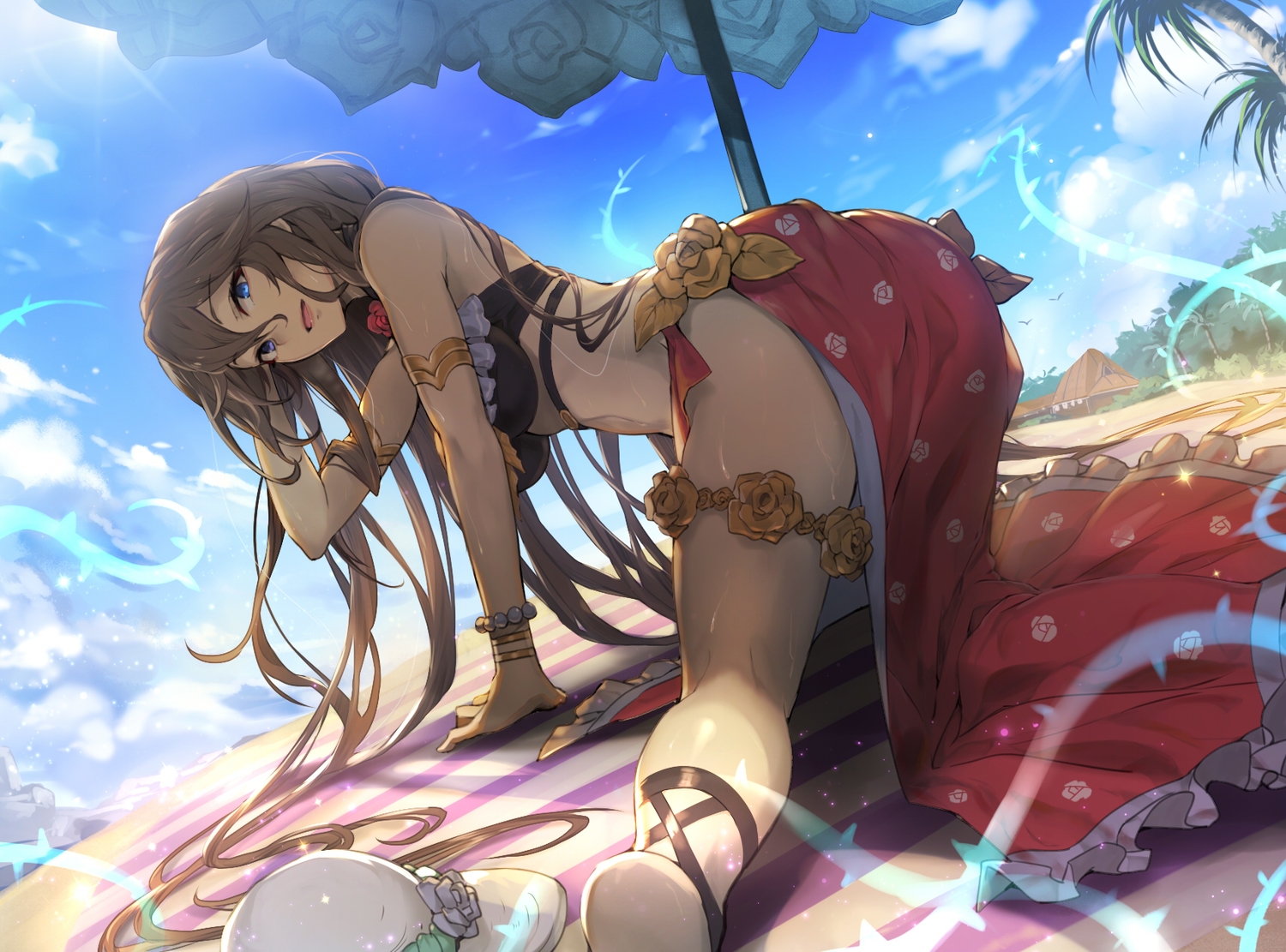 bikini_top, blue_eyes, brown_hair, building, clouds, flowers, granblue_fantasy, hat, kakage, long_hair, rosetta_(granblue_fantasy), sky, swimsuit, tree, umbrella