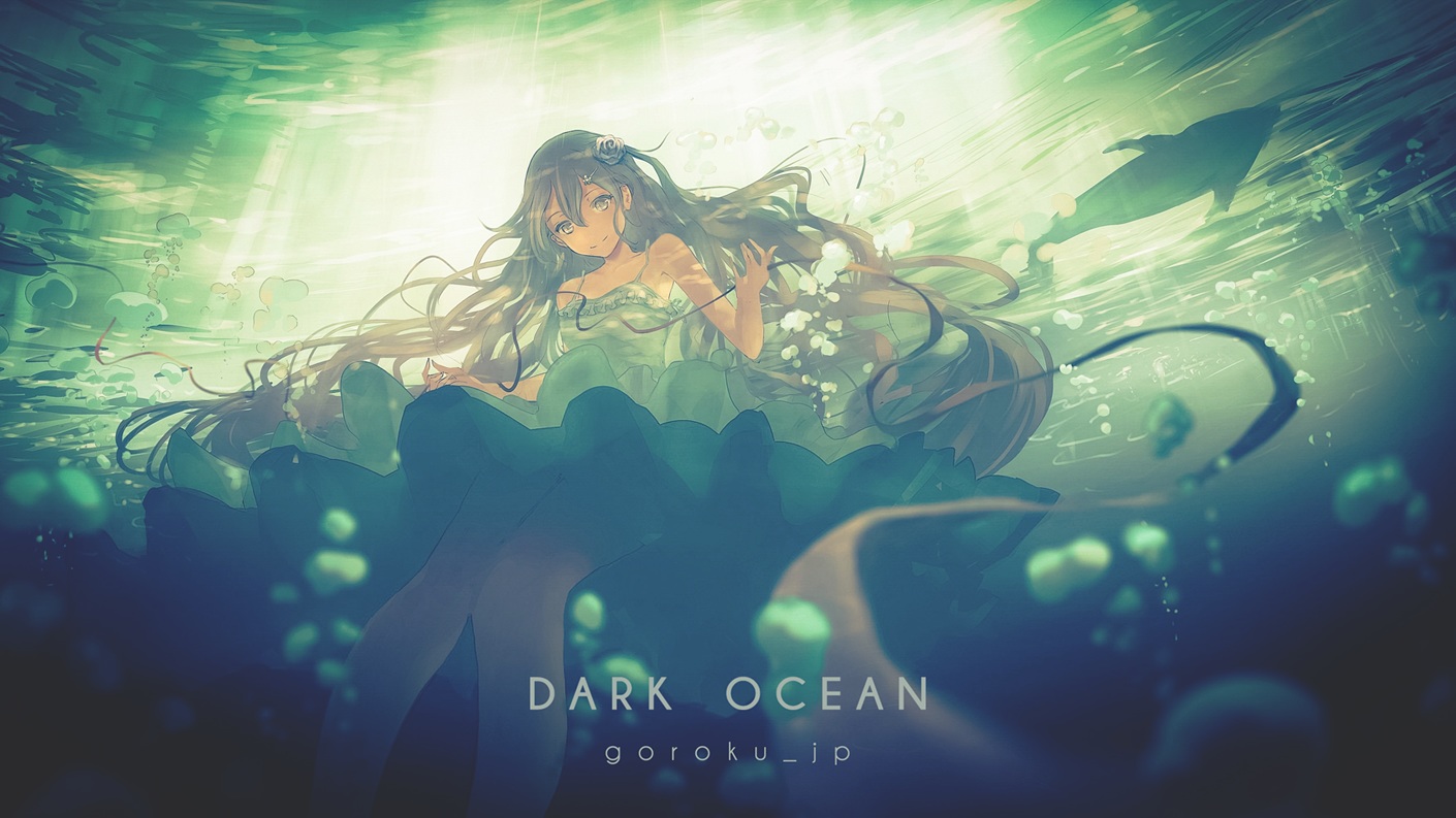 animal, brown_hair, dress, fish, flowers, goroku, gray_eyes, long_hair