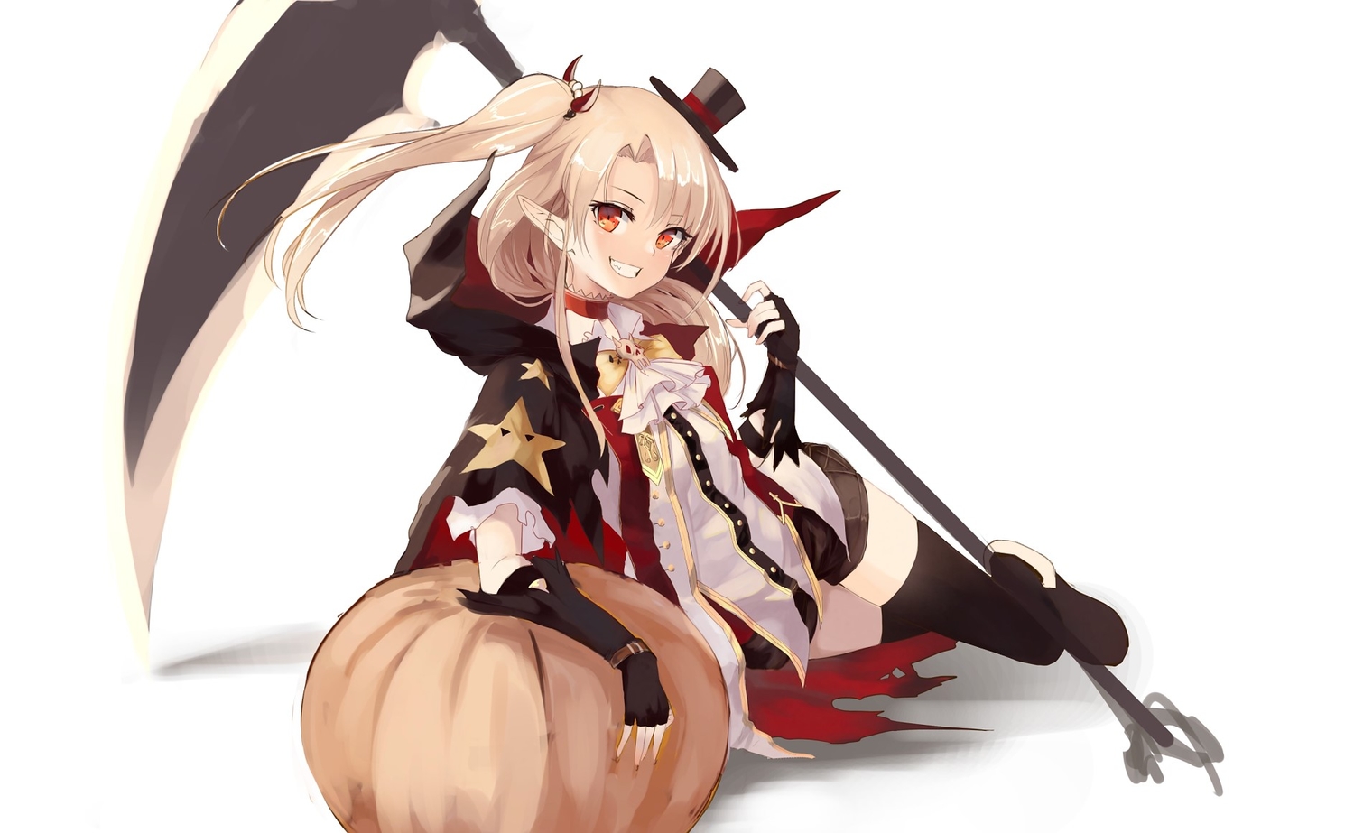 anthropomorphism, azur_lane, blonde_hair, cape, cleveland_(azur_lane), halloween, hat, homo_1121, orange_eyes, pointed_ears, pumpkin, scythe, shorts, weapon, zettai_ryouiki