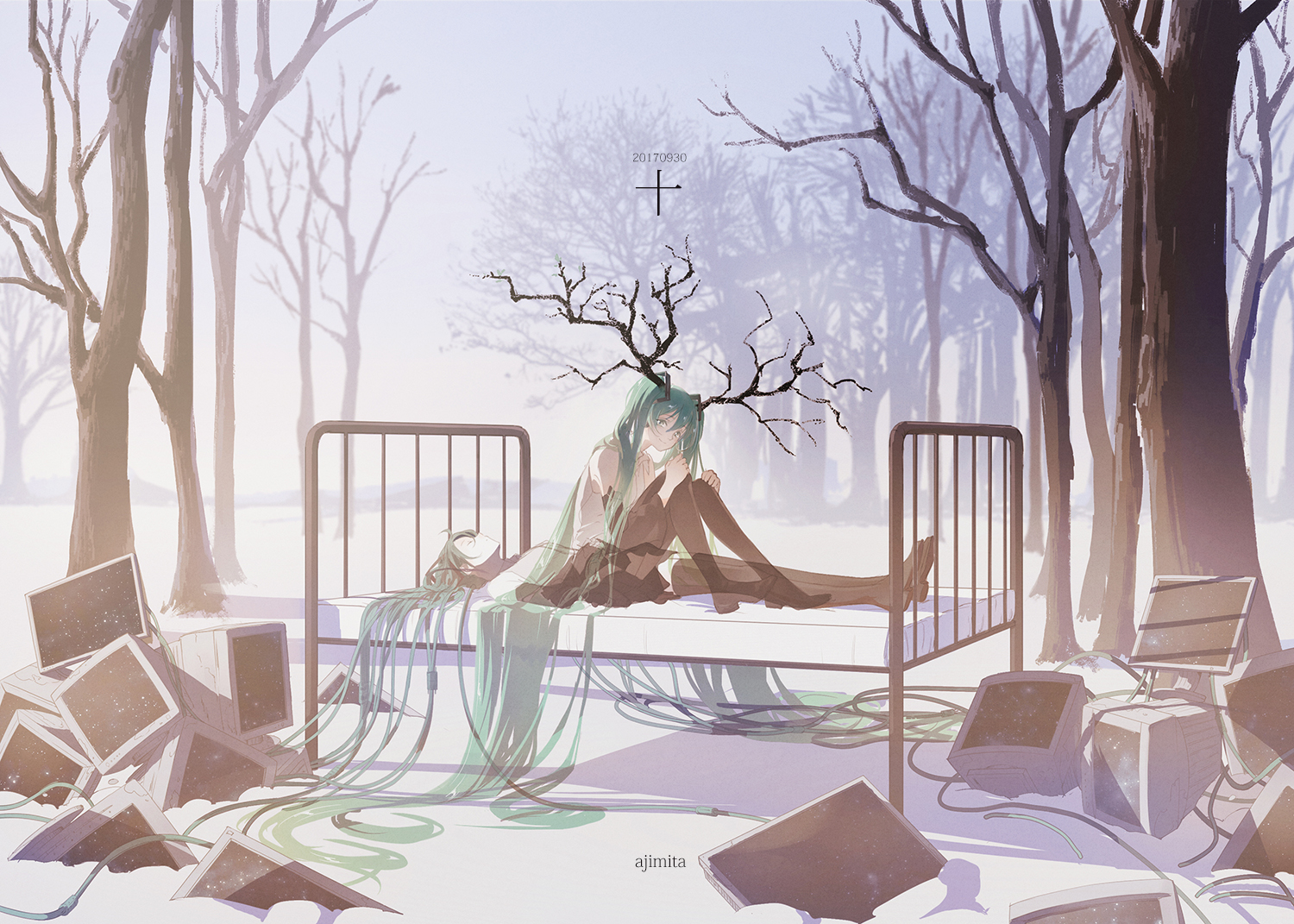 ajimita, blue_hair, book, hatsune_miku, long_hair, skirt, thighhighs, tree