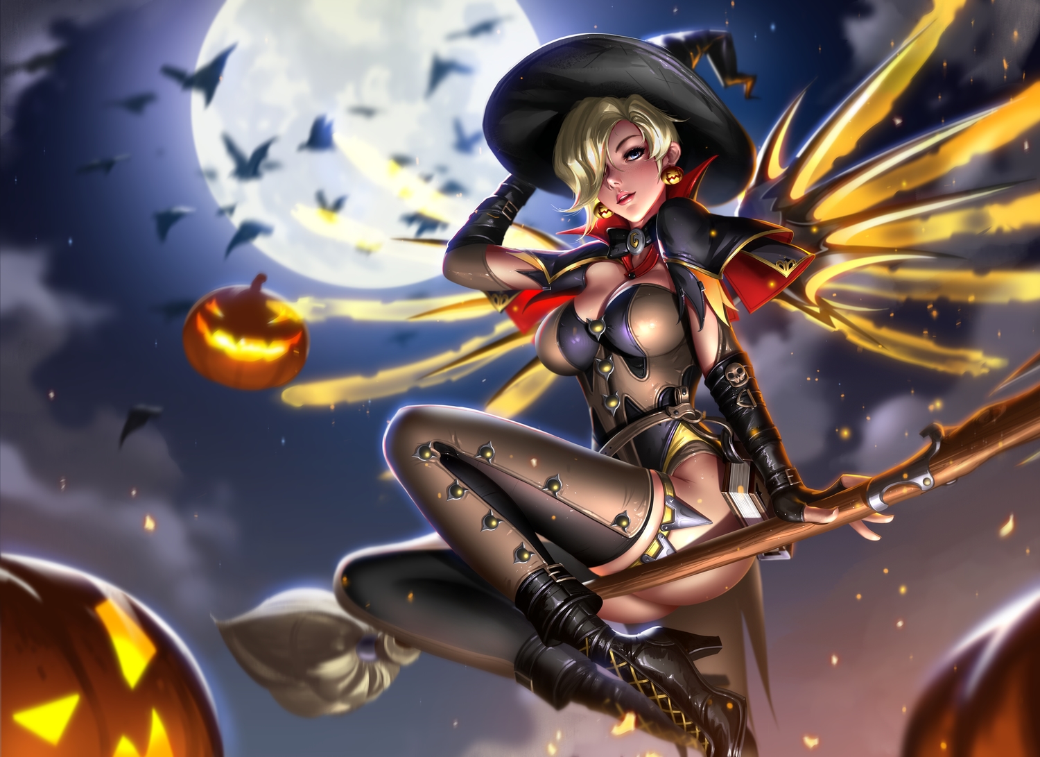 aqua_eyes, blonde_hair, breasts, clouds, elbow_gloves, gloves, halloween, hat