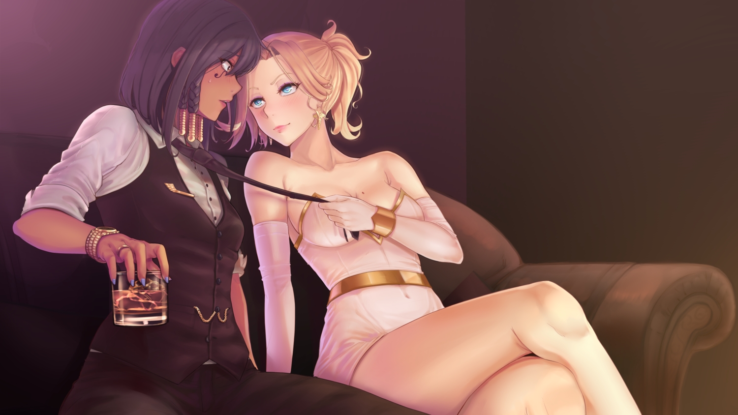 2girls, blonde_hair, blue_hair, blush, braids, brown_eyes, dark_skin, dress