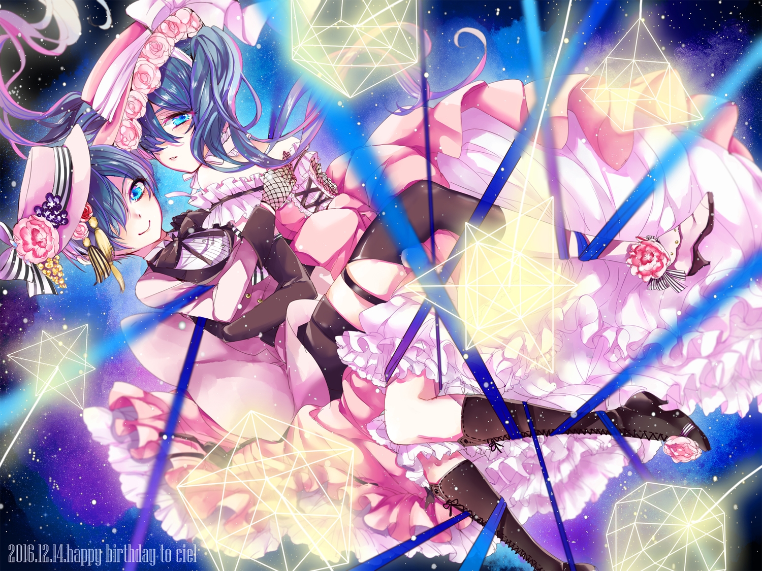 all_male, aqua_eyes, blue_hair, boots, bow, ciel_phantomhive, dress, eyepatch, flowers, hat, kuroshitsuji, long_hair, male, otoko_no_ko, ribbons, short_hair, thighhighs, tsuna2727, twintails