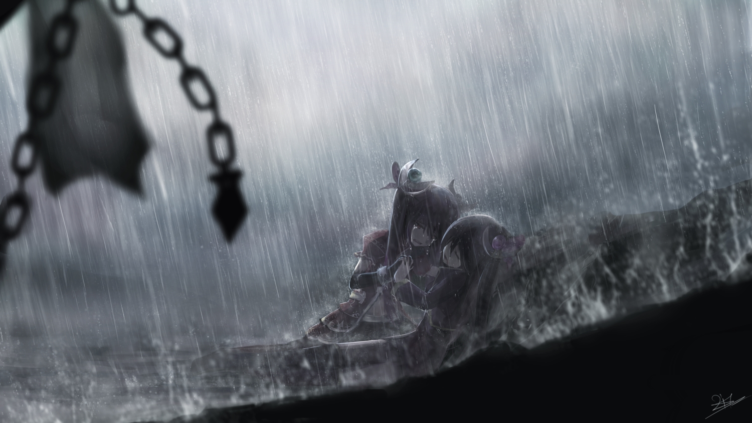 2girls, alice_(brave_frontier), black_hair, blood, brave_frontier, chain, crying, elbow_gloves, elza_(brave_frontier), gloves, hat, litkung, long_hair, ponytail, rain, red_eyes, signed, tears, water, wet