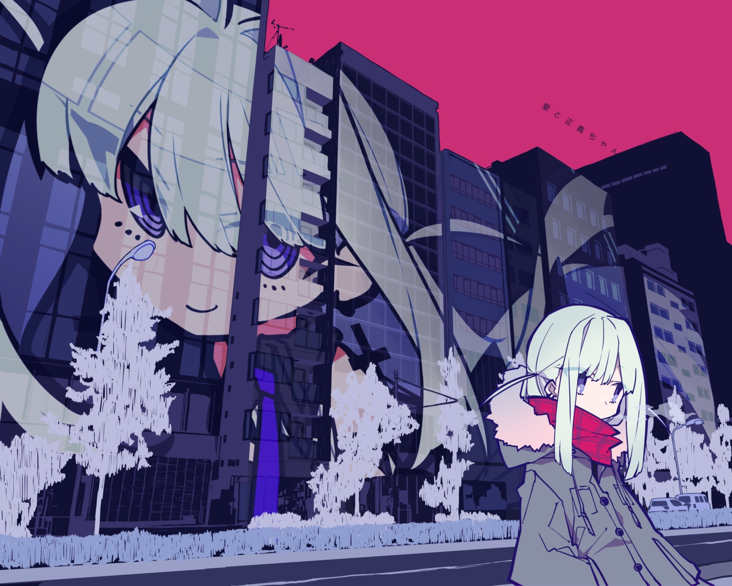 building, city, hood, long_hair, mochizuki_kei, original, purple_eyes, scarf, tree, white_hair
