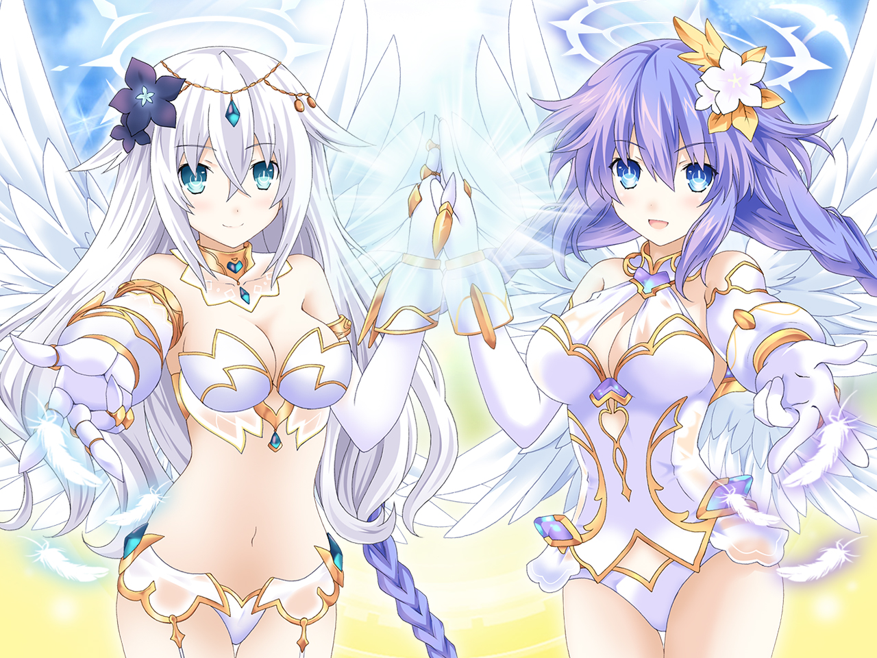 2girls, aqua_eyes, black_heart, braids, breasts, elbow_gloves, flowers, four_goddesses_online:_cyber_dimension_neptune