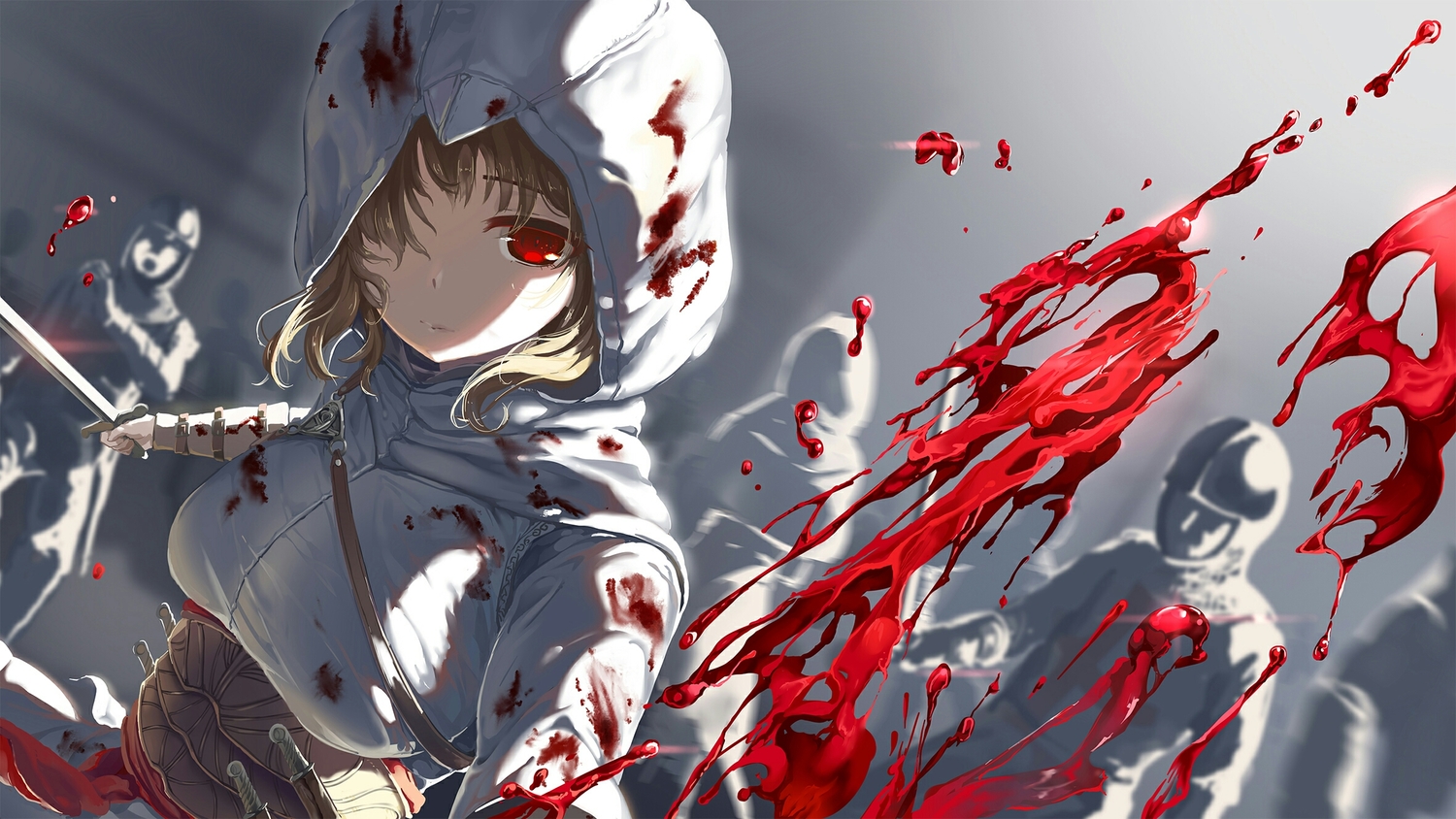 assassin's_creed, blood, breasts, brown_hair, mianbaoshi_mengxiang, red_eyes, short_hair, sword