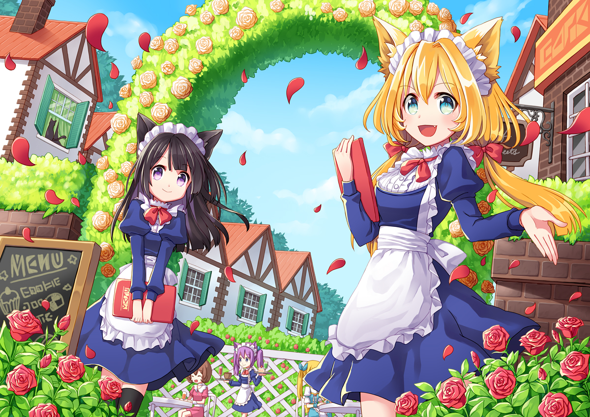animal, animal_ears, apron, aqua_eyes, black_hair, blonde_hair, bow, brown_hair, cake, cat, clouds, coconat_summer, drink, fang, flowers, food, group, long_hair, maid, original, petals, purple_eyes, purple_hair, rose, sky, thighhighs, twintails, waitress