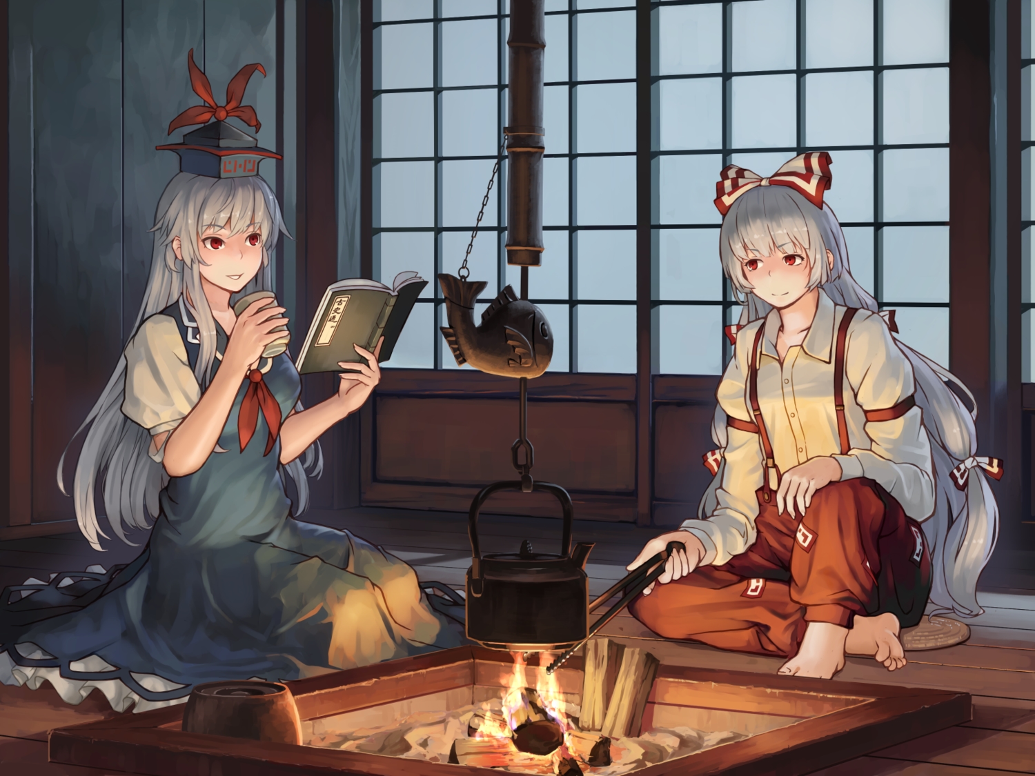 2girls, barefoot, book, dress, fire, fujiwara_no_mokou, kamishirasawa_keine, long_hair