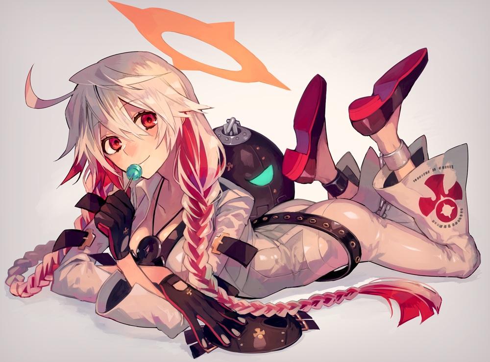 blonde_hair, bodysuit, braids, gloves, guilty_gear, jack-o'_valentine, long_hair, necklace, red_eyes, shackles, suzunashi