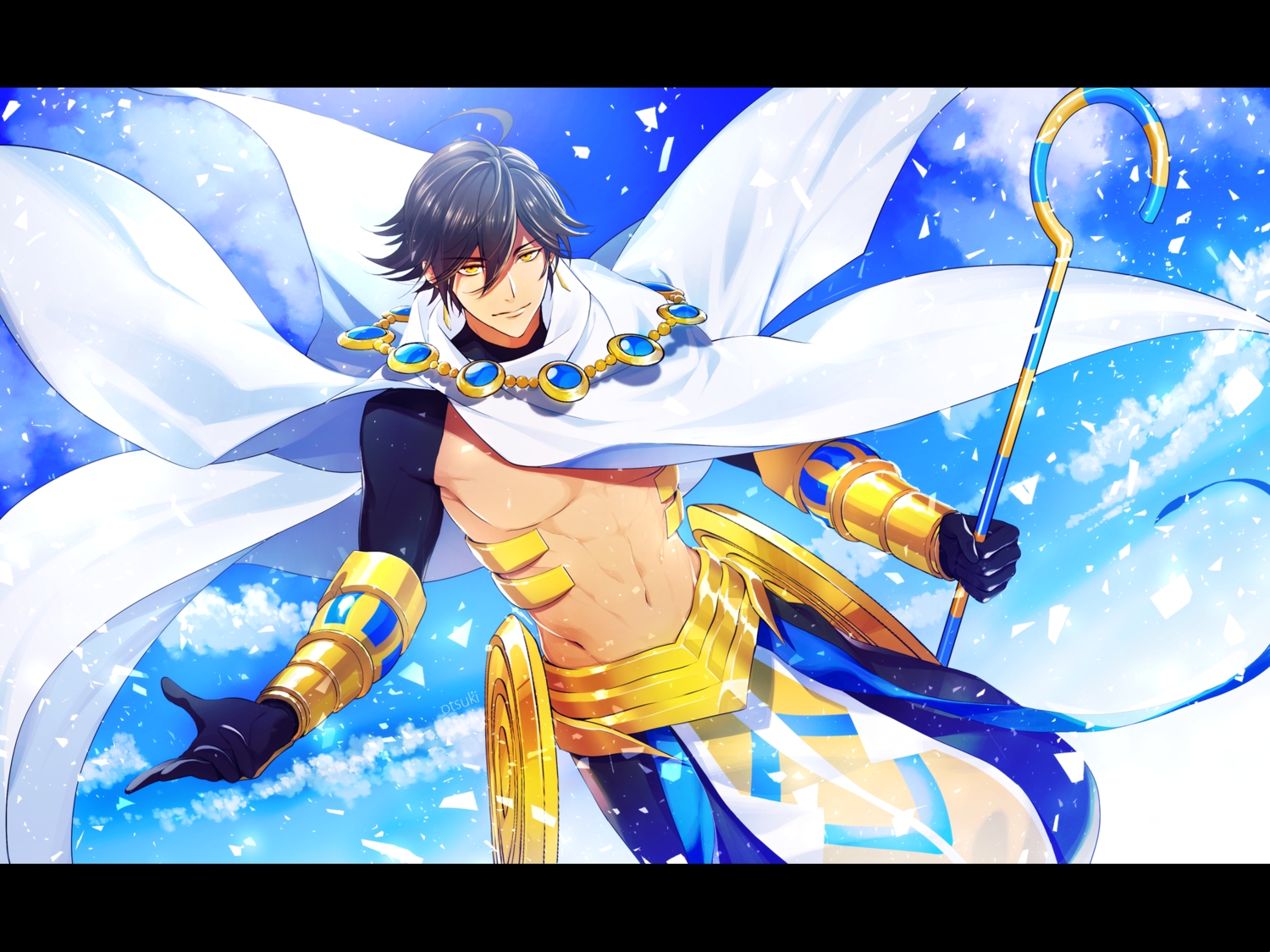 all_male, black_hair, cape, fate/grand_order, fate_(series), gloves, male, navel