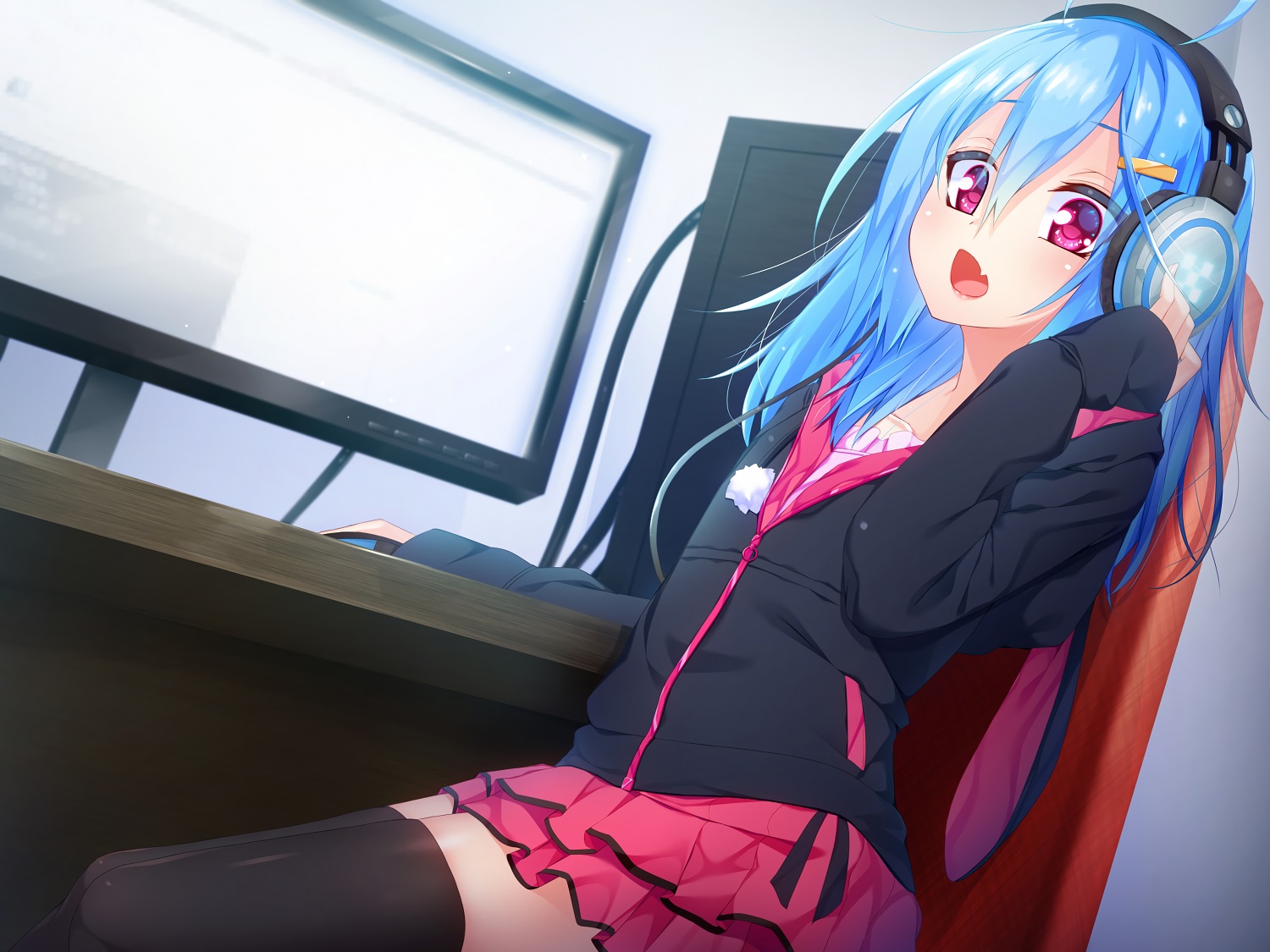 aqua_hair, chikuwabuta, computer, fang, flat_chest, headphones, hood, long_hair