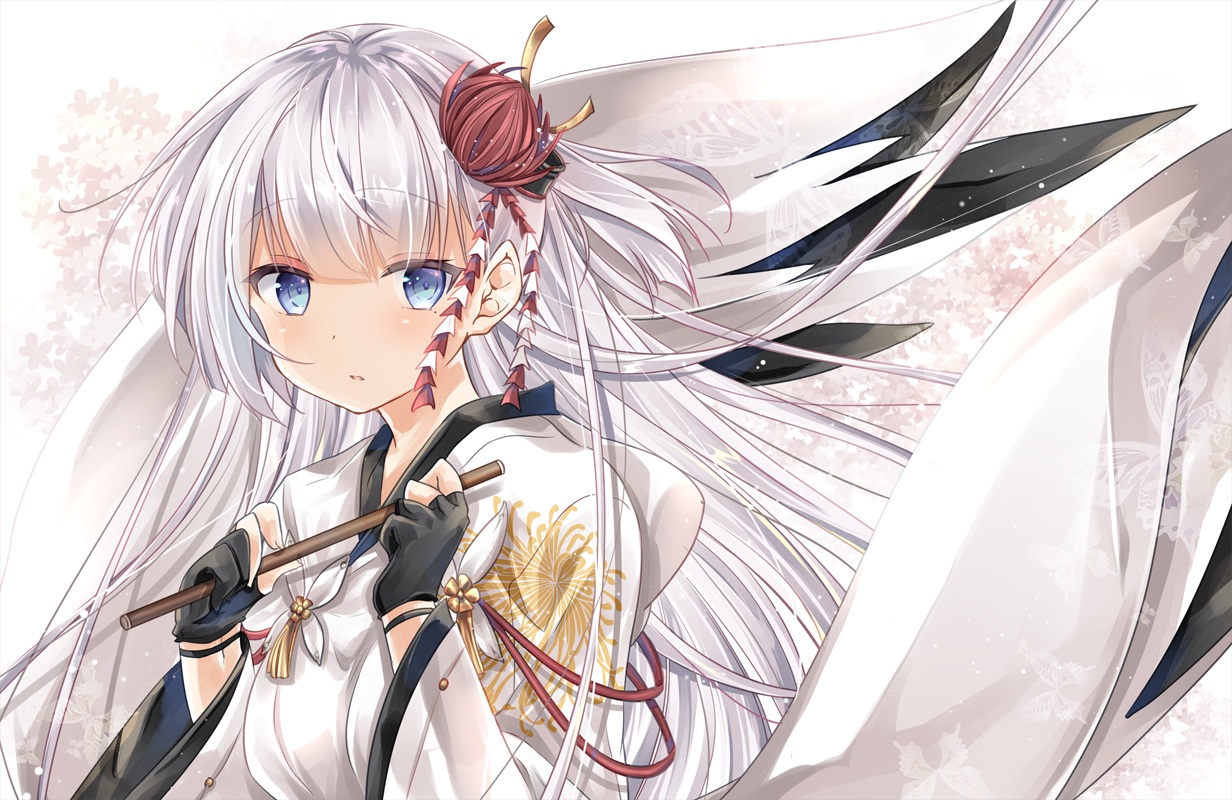 anthropomorphism, aqua_eyes, azur_lane, gloves, japanese_clothes, kurun_(kurun777), long_hair, shoukaku_(azur_lane), white_hair