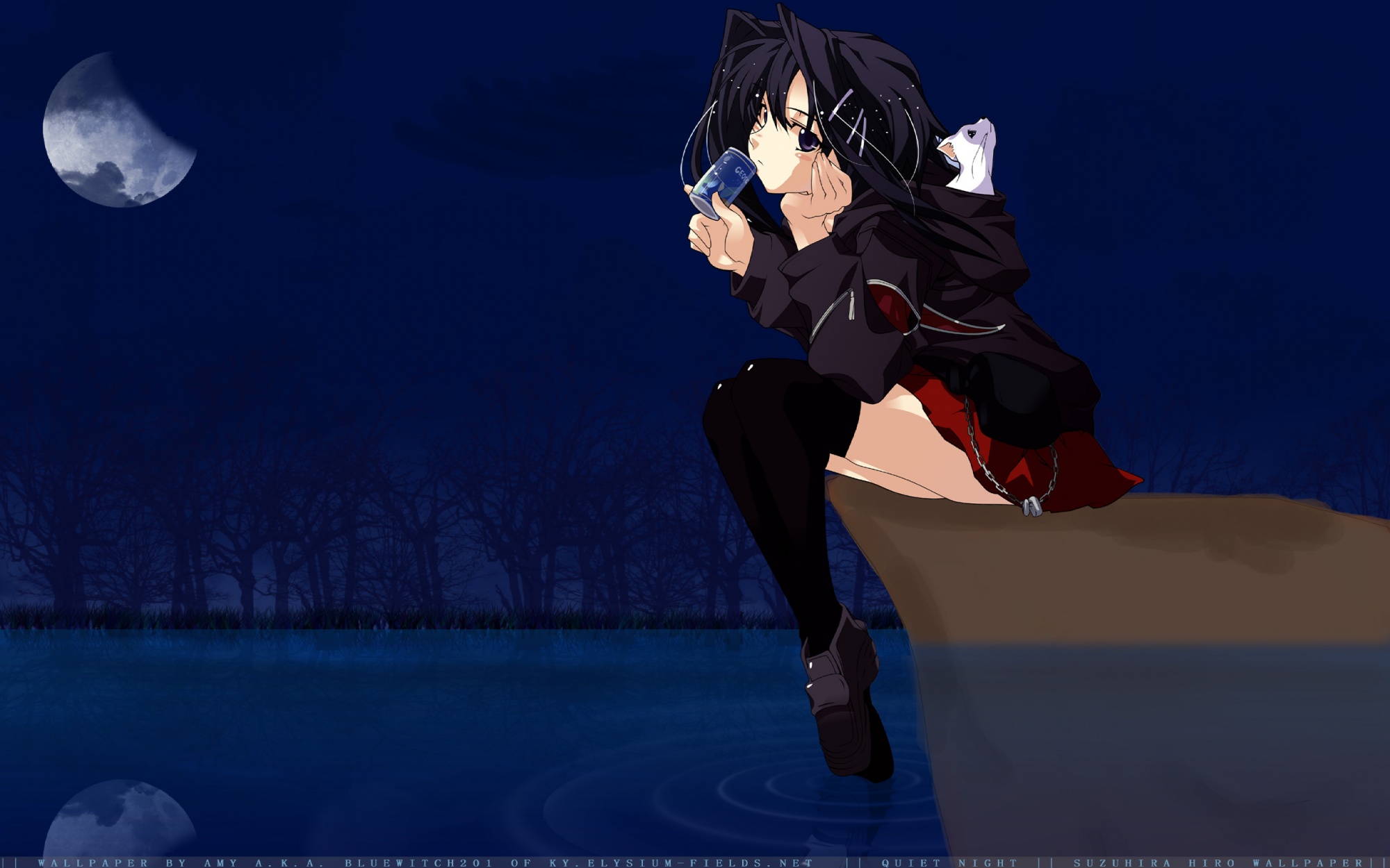 animal, black_hair, cat, chain, dark, drink, monochrome_(game), moon, night, purple_eyes, skirt, suzuhira_hiro, thighhighs, tree, tsubaki_risa, water