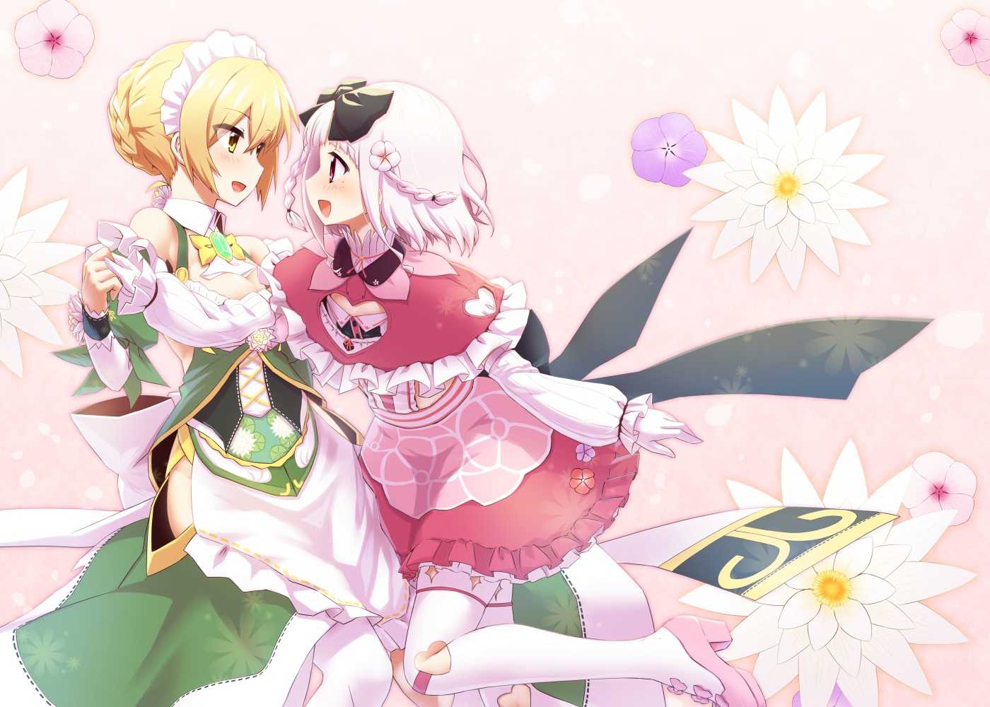 2girls, aliasing, anthropomorphism, blonde_hair, blush, bow, braids, breasts, flower_knight_girl, flowers, headdress, madagascar_periwinkle_(flower_knight_girl), mizunashi_(second_run), short_hair, skirt, thighhighs, water_lily, white_hair, yellow_eyes