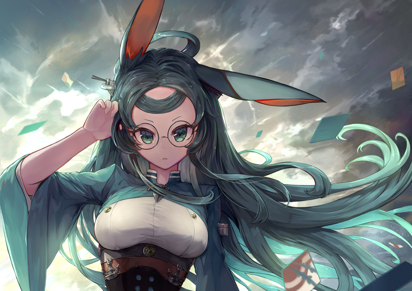 animal_ears, anthropomorphism, azur_lane, bunny_ears, bunnygirl, clouds, glasses, green_eyes