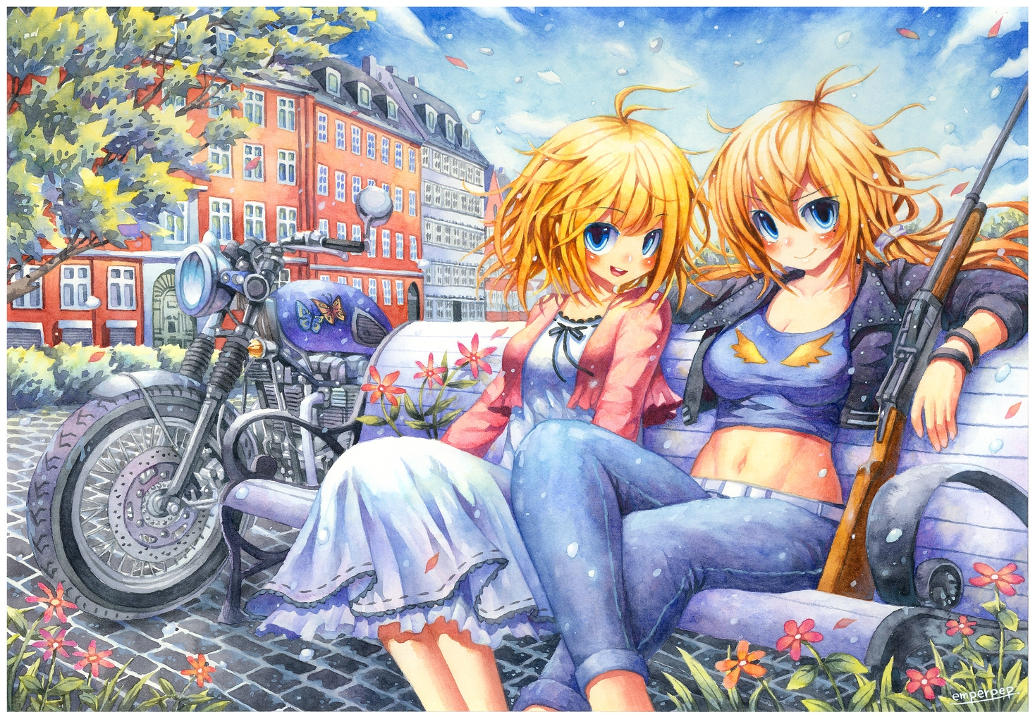 2girls, blonde_hair, blue_eyes, building, clouds, dress, emperpep, flowers