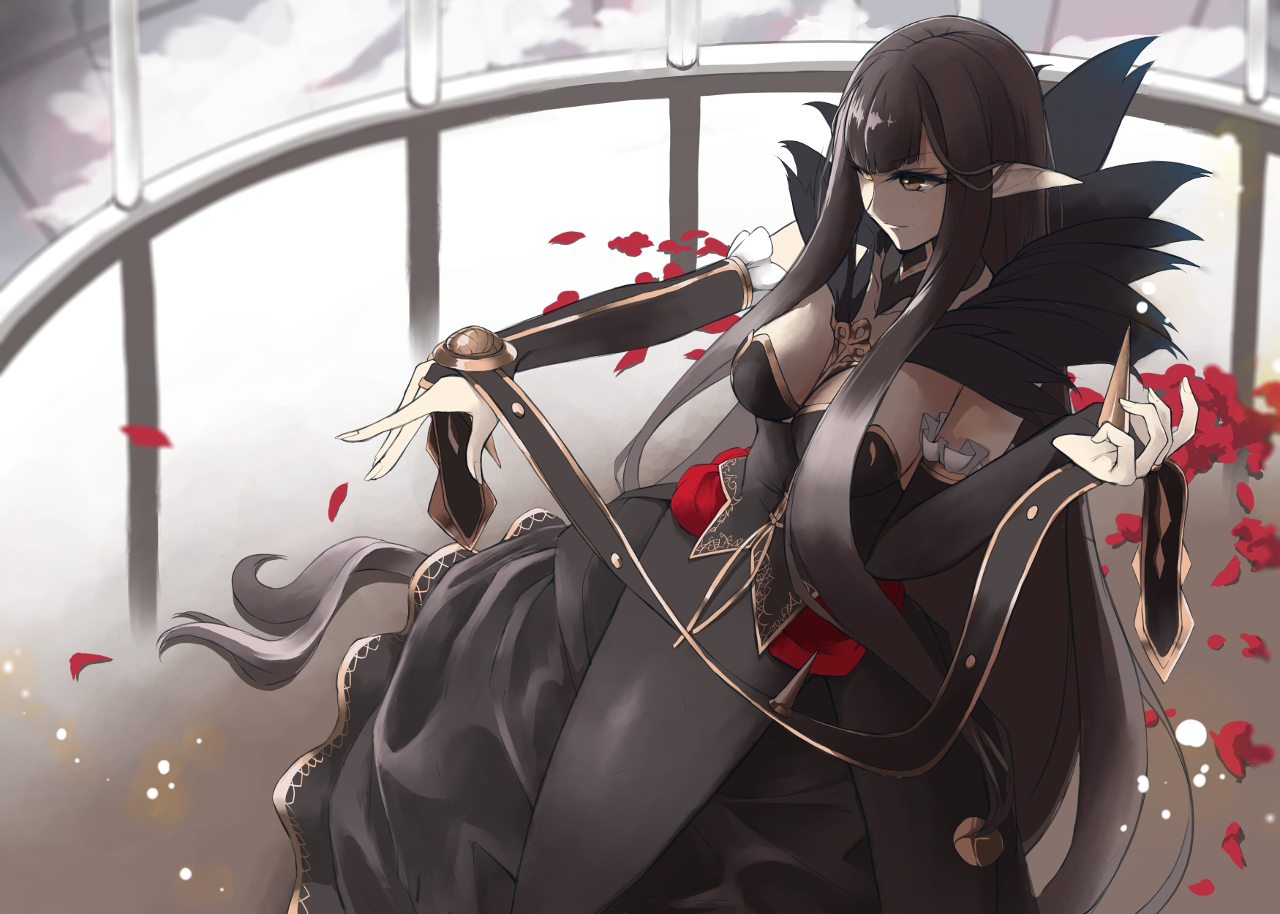 breasts, brown_eyes, brown_hair, cleavage, den_(kur0_yuki), dress, elbow_gloves, fate/apocrypha