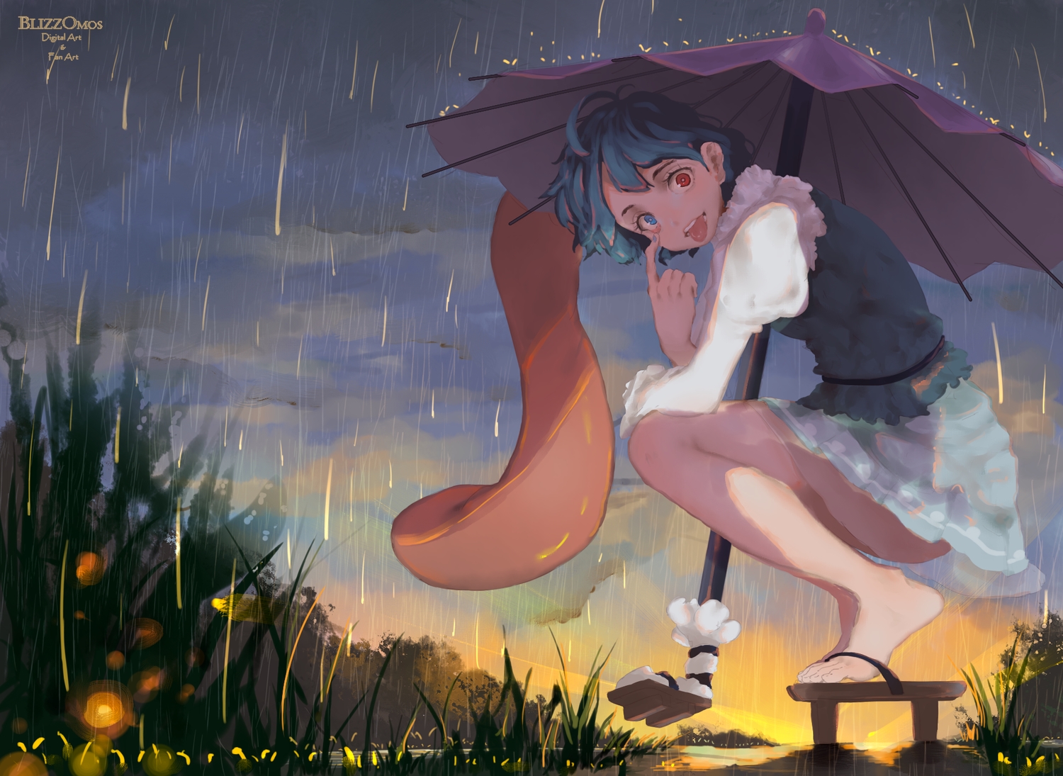 barefoot, bicolored_eyes, blizzomos, blue_eyes, green_hair, rain, red_eyes, short_hair