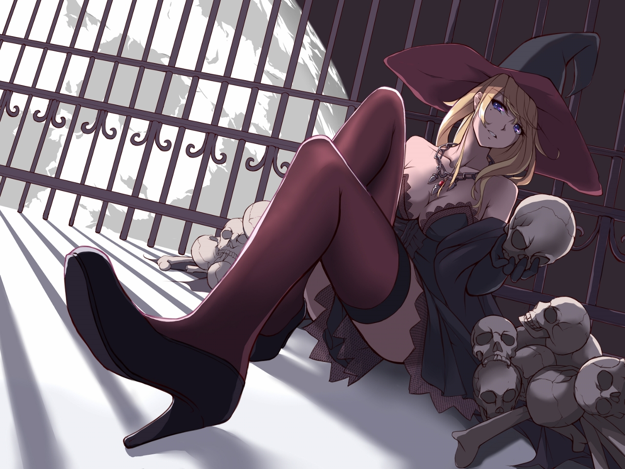 blonde_hair, den_(kur0_yuki), dress, elbow_gloves, gloves, halloween, hat, long_hair, necklace, original, purple_eyes, skull, thighhighs, witch_hat