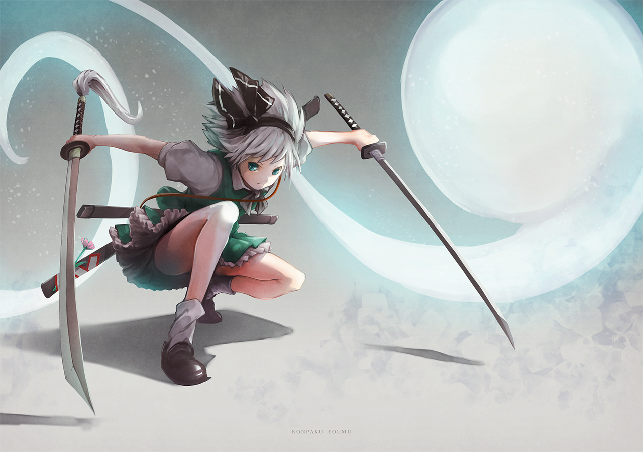 flowers, gray_hair, green_eyes, headband, konpaku_youmu, myon, satyuas, short_hair, sword, touhou, weapon